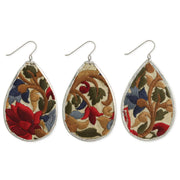 Red Flower Embroidered Elegance Silver Teardrop Earring