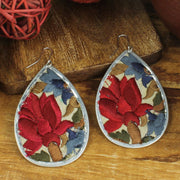 Red Flower Embroidered Elegance Silver Teardrop Earring