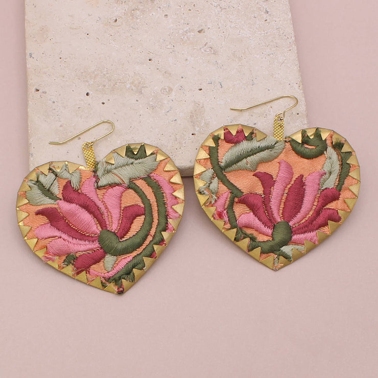 Pink Embroidered Heart Earrings